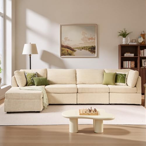 Image of ovios Modular Sectional Sofa Couch with L-Shape Chaise Ottoman, Comfy Plush Corduroy Cloud Couches, Modern Luxury Deep Seat Sofas Set for Living Room, 5-Seater, Beige