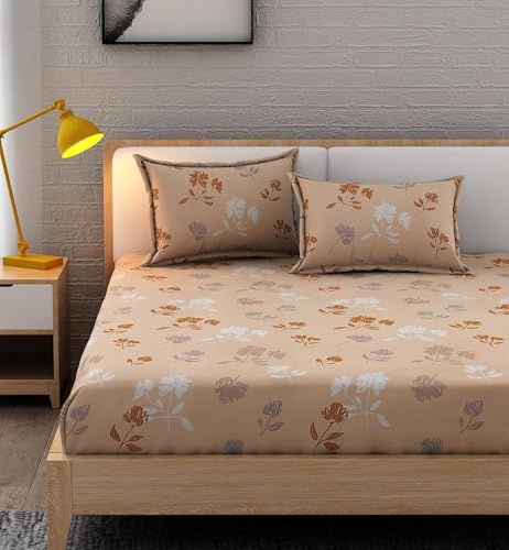Image of 350 TC Premium Heavy Cotton Feel Elastic Fitted Bedsheet King Size with 2 Pillow Covers || Double Bed with All Around Elastic (Honey Blossom, Fitted - 72 inchx78 inch King)