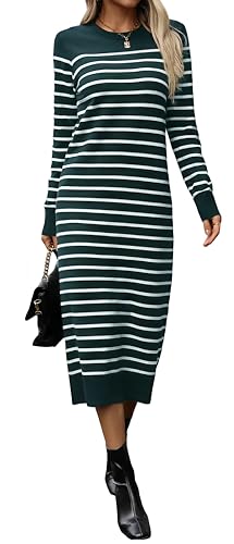 Image of Long Sweater Dress for Women Loose Knitwear Striped Long Dresses Stylish Autumn and Winter Outfits