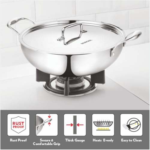 Image of Borosil Cookfresh Tri-ply Stainless Steel Kadhai with Lid | Gas, Induction Compatible | Even Heat Distribution | SS304 Food Grade Steel Wok | Dishawasher Safe Kadai | 5 Year Warranty (4.6 L)