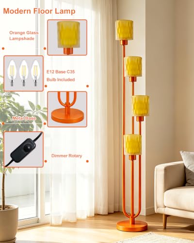 Image of Lightdot Orange Glass Floor Lamp Dimmable 4-Light Farmhouse Gold Floor Lamp | Mid Century Modern Standing Tall Lamp with 5Lbs Heavy Base for Living Room /Bedroom /Sofa Beside /Corner Decor -Bulbs Included