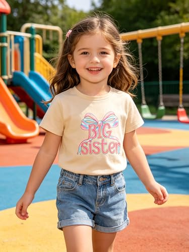 Image of Funnycokid Big Sister Shirts for Girls Pregnancy Announcement Toddler Promoted to T-Shirt 1-7 Years