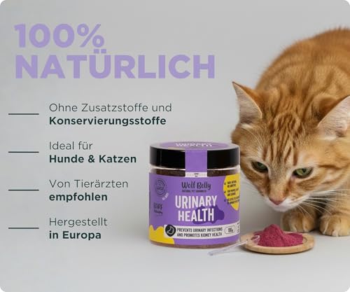 Wolf Belly - Bei Blasenentzündung für Hunde und Katzen 100% Natürlich (180 g) mit Cranberry und Vitamin C | Struvitsteine Auflösen und Unterstützt Nierengesundheit | Pulverform - Made in Europe