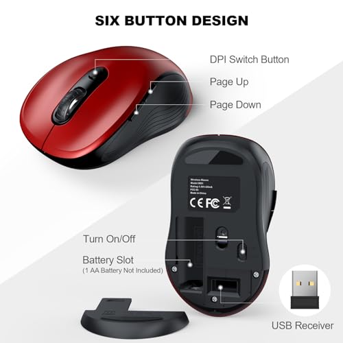 Image of WisFox 2.4G Wireless Mouse for Laptop, Ergonomic Computer Mouse with USB Receiver and Type-C Adapter, 6 Button Cordless Mouse Wireless Mice for Windows Mac PC Notebook (Red)