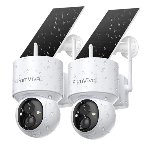 2K Solar Security Cameras Wireless Outdoor, 360°PTZ Battery Powered Cameras for Home Security, 2.4G WiFi Outdoor Camera with Color Night Vision, IP66 Waterproof, Motion Sensor Alarm, White，2