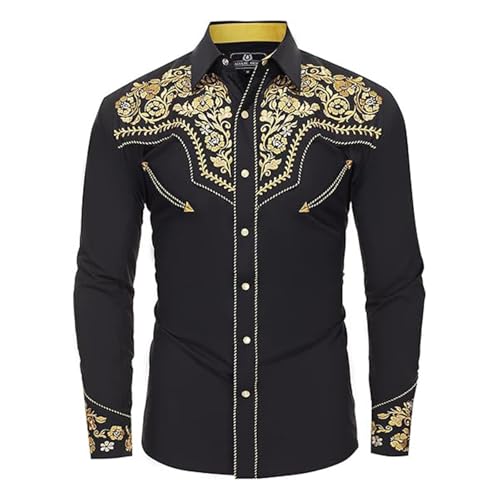 Generico Camicia da Uomo Western Cowboy Camicia Ricamata a Maniche
