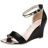 COOLCEPT Mujer Moda Tira De Tobillo Sandalias Tacón Alto Punta Abierta Verano Zapatos de Tacón De Cuña Zapatos De Fiesta Black Talla 34 Asian