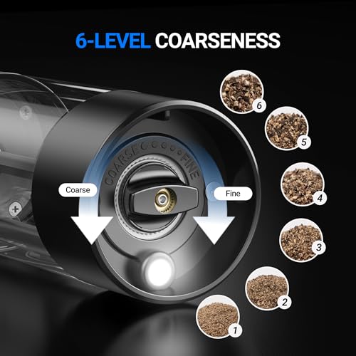 Image of ThermoMaven Electric Salt and Pepper Grinder Set, 110ml Larger Rechargeable Automatic Salt and Pepper Mill Grinder with 6 Adjustable Coarseness, Salt and Pepper Shakers, LED, 2 Packs, Black & White