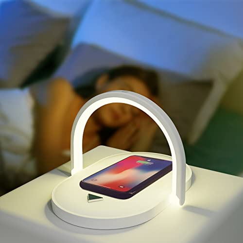 BIGFOX Station de Recharge Sans Fil avec Veilleuse Tactile Pour Chambre, Lampe de Chevet Tactile avec 3 Niveaux De Luminosité,contrôle tactile pour chambre à coucher, bureau, bureau,15W (Blanc) Cover
