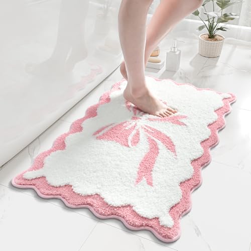 Anybar Bow Bath Mat Pink White Bathroom Rug Cute Scalloped Rugs Non Slip Floor Carpet Microfiber Bathmat Soft Super Absorbent Machine Washable Bathmat for Shower Scallop Bathroom Mats18x25 inch