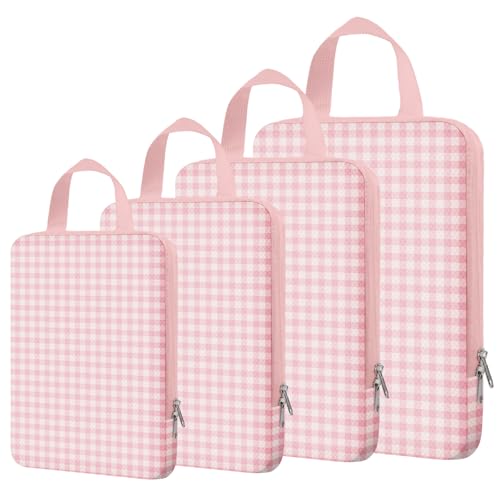 NBERMOTION 4 Set Expandable Compression Packing Cubes for 3–7 Day Travel, Solid & Plaid Fabric Travel Organizers, Double-Zipper Storage Bags for Carry-On & Suitcases(4set-Pink Gingham)