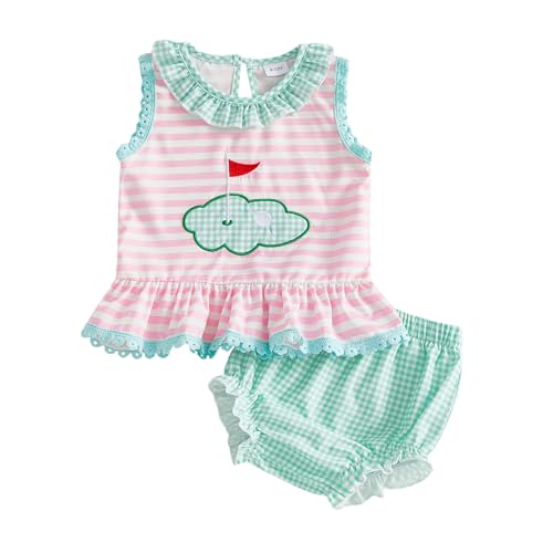 VILAGRAH Baby Girls 2 Piece Outfits Fashionable Golf Themed Embroidery Sleeveless Round Neck Tops and Plaid Shorts Set (Pink, 0-6 Months)