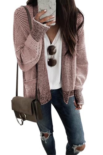 Women's Pink Chunky Waffle Knit Oversized Collar Cardigan