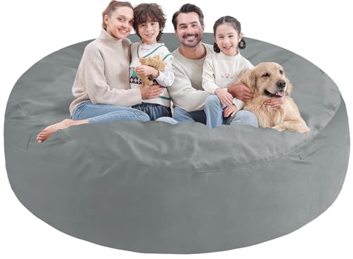 7FT Bean Bag Chair, Large Bean Bag Chairs with Memory Foam Filled, Fluffy Beanbag Sofa with Dutch Velvet Cover, Round BeanBag Chairs for Living Room, Playroom - Light Grey