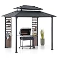 Sunjoy 7 x 9 ft. Grill Gazebo, 2-Tier Hardtop Gazebo Pergola with Ceiling Hooks and Storage Shelves, Matte Black