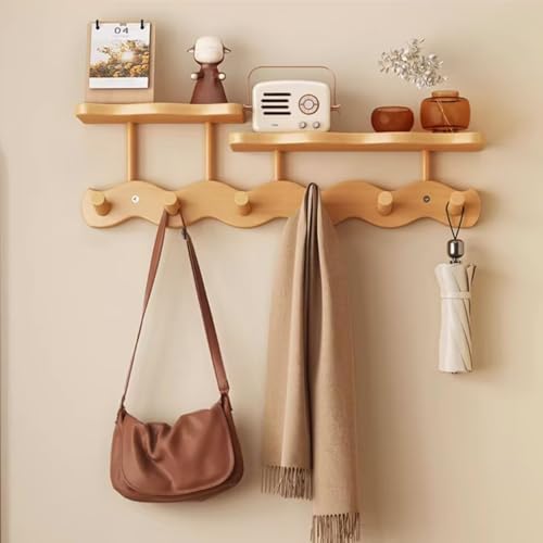 Estantes flotantes con ganchos, estante de pared de madera maciza para baño, dormitorio, sala de estar, entrada, oficina, lavandería