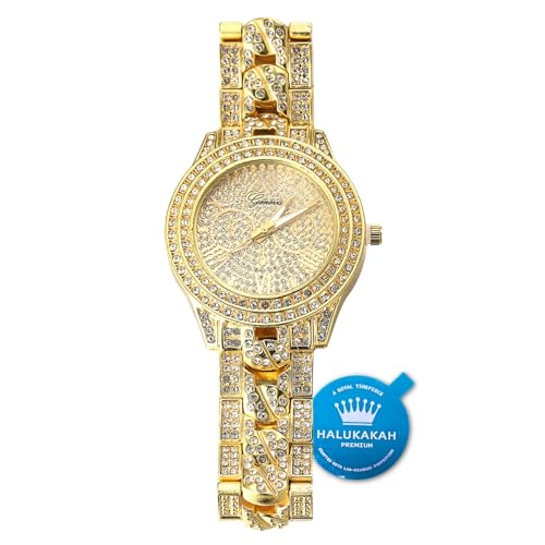 HALUKAKAH Reloj de Oro Hombres Iced out,Chapado en Oro Real de 18k Pulsera de Cuarzo con Banda Insertada en Cadena Cubana 9.5'(24cm),Cz Completo Diamante de Laboratorios,Gratis Caja de Regalo