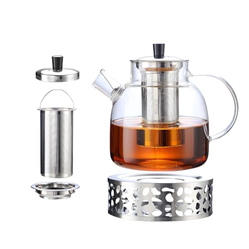 BANISIGA Tetera grande de cristal de borosilicato de 1,5 l, tetera con colador y calientaplatos, mantiene el calor durante mucho tiempo, apto para lavavajillas