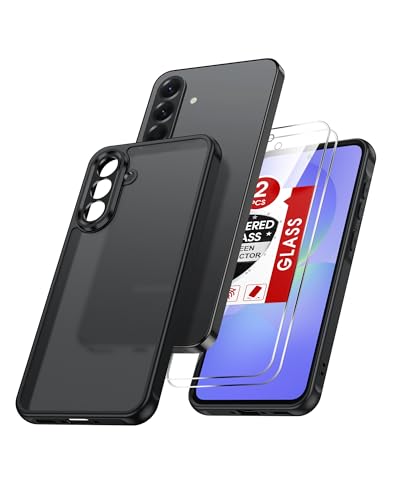 LeYi for Samsung Galaxy A36 5G Phone Case with 2 Tempered Glass Screen Protector Translucent Matte Back Military Grade Protection Slim Rugged Shockproof Protective Mobile Cover for A 36-Black