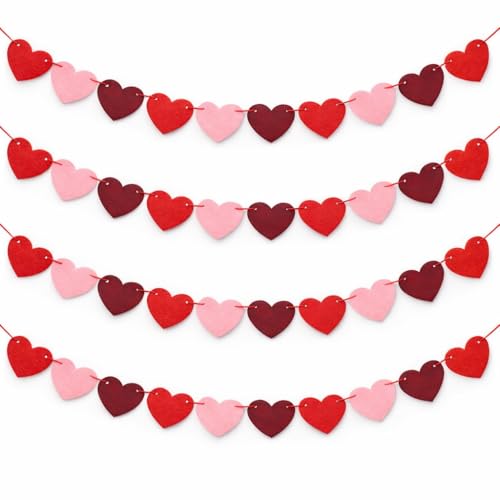 Valentines Day Decorations - Red Felt Heart Garland Hanging String - Ready-to-Use Romantic Valentines Day Decor for Home, Office, Wedding, Anniversary, Birthday Party - No DIY (Red)