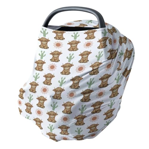 Image of HawSkgFub Boho Highland Cow Cactus Sun 5-in-1 Car Seat Cover for Baby Girl Gift, Brown Bohemia Western Privacy Breastfeeding Nursing Cover, Newborn Infant Multi-use Carseat Canopy Carrier