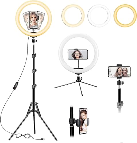 LED Ring Light with Tripod Stand 10-Inch Dimmable Circle Lighting Kit Phone Camera Mount for Streaming YouTube TikTok Video Recording