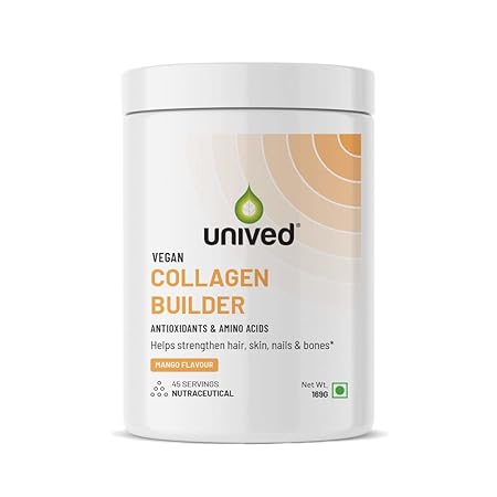 Unived Vegan Collagen Builder | Research Based Formulation for Collagen Synthesis, Hydration, & Protection | For Men & Women, Skin, Hair, Bones, & Tissue, Strength & Health (Mango, 45 Servings)
