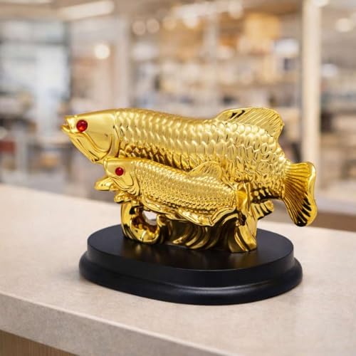 Image of Feng Shui Golden Arowana Fish with Baby Statue for Luck, Wealth & Prosperity | Crystal Polyresin Arowana Showpiece for Home, Office, Shop & Cash Counter Decor