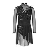 [Alvivi] 女の子 レオタード 新体操 キッズ ダンスドレス モックネック 長袖 フィギュアスケート衣装 メッシュ ラインストーン モックネック バレエレオタード 不規則スカート 黒 10