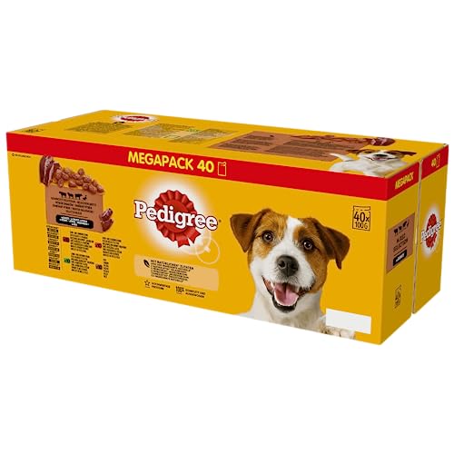Pedigree Gemischte Selektion in Sauce – Hundenassfutter im Portionsbeutel – Hundefutter in Sauce mit Lamm – Rind – Ente – Großpackung (40 x 100g)