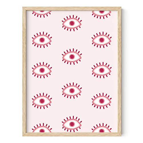 HAUS AND HUES Eye Wall Decor Pink Evil Eyes | Evil Eye Decor, Eye Art Decor, Evil Eye Wall Decor Pink Posters for Room Aesthetic | BEIGE FRAMED 12” x 16”