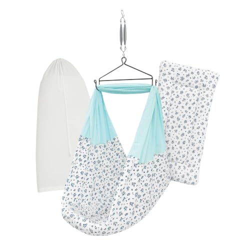 Image of Premium Cradle Set | Cradle Cloth, Padded Bed, Mosquito Net, Heavy-Duty Spring & Triangle Hanger | Hanging Set - Emily Blue