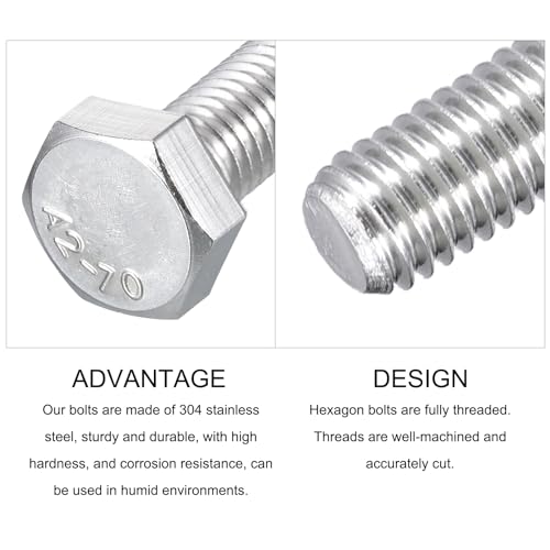 Image of METALLIXITY Hex Bolts (M8-1.25x70mm) 6Pcs, 304 Stainless Steel Coarse Fully Threaded Hex Head Screw Bolt Machine Screws - for Furniture Repair, Silver