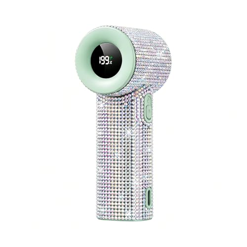 Mulstio Portable Handheld Fan, Luxury Diamond Turbo Mini Fan with Digital Display, 5 Speeds USB-C Rechargeable Personal Fan for Women Men, Small Pocket Fan for Travel, Makeup, Outdoor (Rainbow-Green)