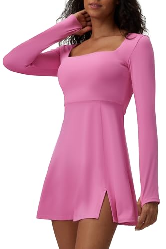 Square Neck Long Sleeves Tennis Dress One Piece Exercise Dress with Built-in Bra4