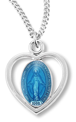 Girls Sterling Silver Heart Shaped Blue Enamel Miraculous Pendant + 16 Inch Rhodium Plated Chain & Clasp| USA Made