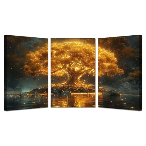 Tableau Arbre de Vie moderne en 3 pièces JOSUE noir et or pour décoration murale de salon 30x45cm