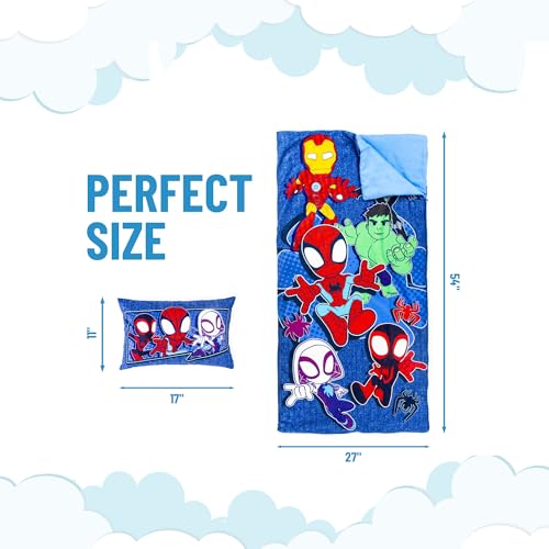Image of Jay Franco Kids Slumber Bag and Pillow - 54 x 27 Inch Comfy Indoor Sleeping Bag for School and Sleepovers, 2 Piece Set, Blue - Spidey & His Amazing Friends