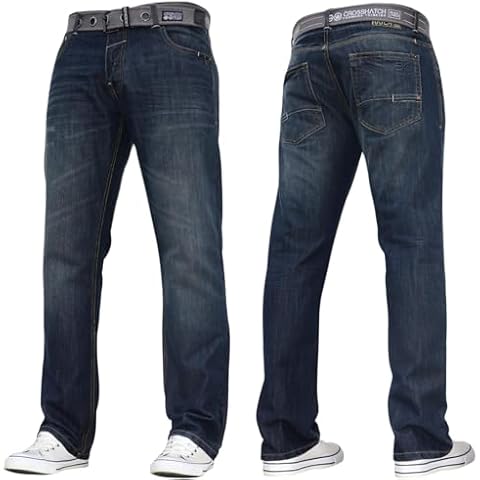 Crosshatch Stretch Straight Leg Jeans with Belt Cover