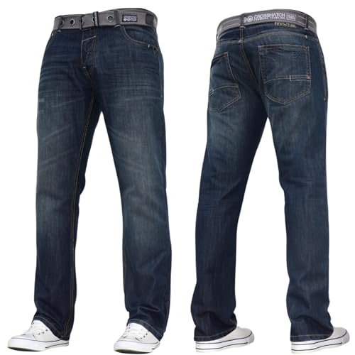 Image of Crosshatch Mens Stretch Straight Leg Jeans Trousers Free Belt Stylish Fashion Branded Denim by JEANBASE Dark Wash 34W X 32L