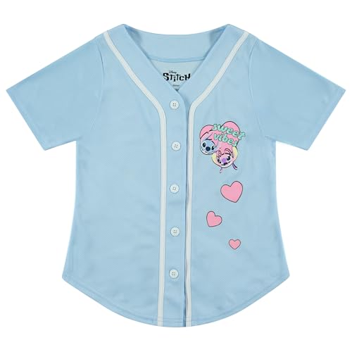 Disney Girls Lilo & Stitch and Angel Baseball Jersey-Classic Mesh Button Down Shirt
