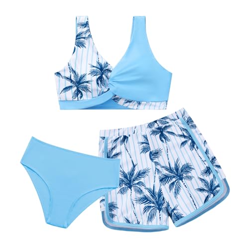 Image of Weixinbuy Girl's 3 Piece Swimsuit Teen Swimwear Tropical Print Twist Cross Bikini Bathing Suit with Cover Up Shorts Size 9-16