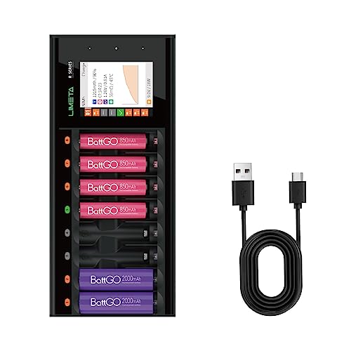 LIMETA Caricabatterie 8 Slot AA AAA per Pile Ricaricabili 1,2V Ni-MH, Ni-Cd, NiZn, LiHv, Indipendente Ricarica Rapida con Funzione Scarica e Display LCD Touch Ingresso USB-C