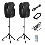 AKUSTIK Dual 2-Way Powered PA Speaker System, Portable DJ Speaker with Active + Passive Speakers, 2 Speaker Stands, Microphone, Bluetooth, USB/SD Card, FM Radio, Remote Control (Dual x 15 Inch)