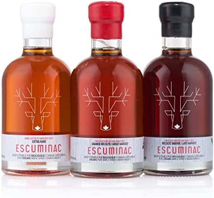 Escuminac Canadian Maple Syrup Variety Set, Including our 3 Harvests Extra Rare, Great Harvest, Late Harvest. 3 X 6.8 fl oz, 100% Pure & Organic, Single Origin, Holiday Gift