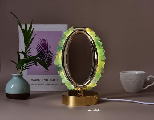 Image of AMOYSTONE Natural Crystal USB Led Lamp Green Fluorite Night Light Elliptical Table Lamp Tri-Color Rock Crystal Lamp for Bedroom Table Living Room