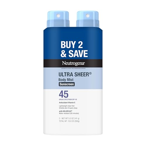 Neutrogena Ultra Sheer Sunscreen Spray SPF 45 Body Mist, Lightweight Non-Greasy Broad Spectrum UVA/UVB Protection, Oil-Free & Non-Comedogenic Water Resistant Spray Sunscreen (80 min), Twin Pack, 5 oz