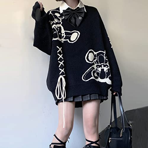 Image of Harajuku Style Kawaii Pastel Goth Fashion Oversized Long Sleeve Crewneck Knit Novelty Bear Print Sweater for Women M Black