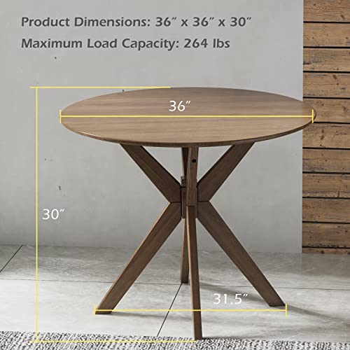 Giantex 36 Inch Round Wood Dining Table, Farmhouse Kitchen Table With Intersecting Pedestal Base & Adjustable Foot Pads, Vintage Coffee Table W/Tabletop & Solid Wood Legs, Modern Side Table, Walnut #TOP2