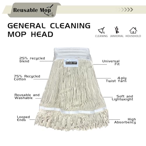 Image of Heavy Duty Wet Industrial Cleaning Mop Head - Mop Head Replacement Perfect Cotton Washable Mop Head Replacement for Commercial & Home Cleaning(White)